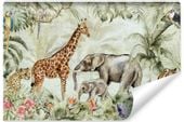 Fototapeta Dziecięca DZIKIE Zwierzęta Dżungla Liście Kwiaty 300cm x 210cm