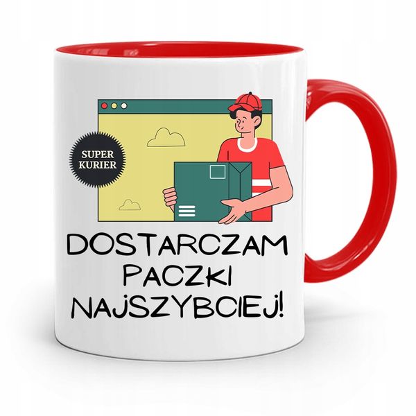 Kubek Czerwony Dla Kuriera Dostarczam Paczki Z Nadrukiem Ze Zdjęciem zdjęcie 1
