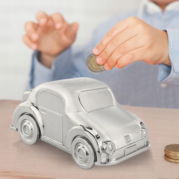 Skarbonka posrebrzana auto z grawerem prezent na chrzest dla chłopca zdjęcie 3