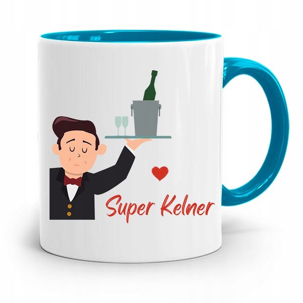 Dla Kelnera Kubek Błękitny Super Kelner Prezent Z Nadrukiem Ze Zdjęciem zdjęcie 1