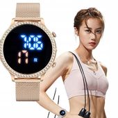 MODNY STYLOWY ZEGAREK DAMSK LED CYRKONIE MESH IDEALNY PREZENT NA WALENTYNKI