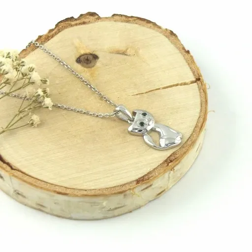 Naszyjnik Srebrny 925 Łańcuszek i Wisiorek Kotek Kot z Zielonymi Oczami zdjęcie 4