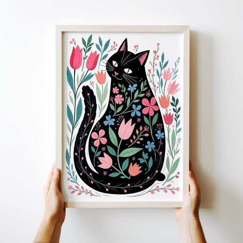 Plakat ilustracja kot w kwiatach 50x70 cm na Arena.pl