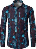 Koszula Męska Afrykańskie Wzory Lniana Granatowa Retro Styl Etniczny 3XL