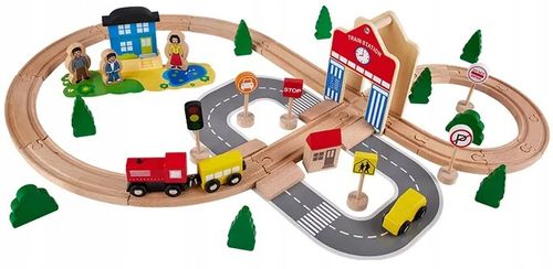 DREWNIANA KOLEJKA TOR WAGONY POCIĄG Budynki Ciuchcia Lokomotywa Zestaw na Arena.pl