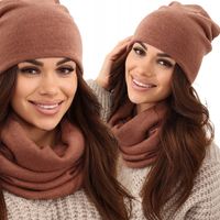 KOMPLET POLSKI KOBIECY DAMSKI ZIMOWY CIEPŁY CZAPKA KOMIN DUŻY BRĄZOWY 2468