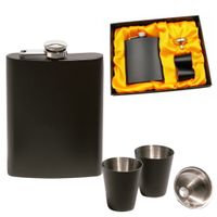 Stalowa piersiówka czarna kieliszki lejek pudełko na prezent zestaw