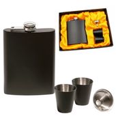 Stalowa piersiówka czarna kieliszki lejek pudełko na prezent zestaw