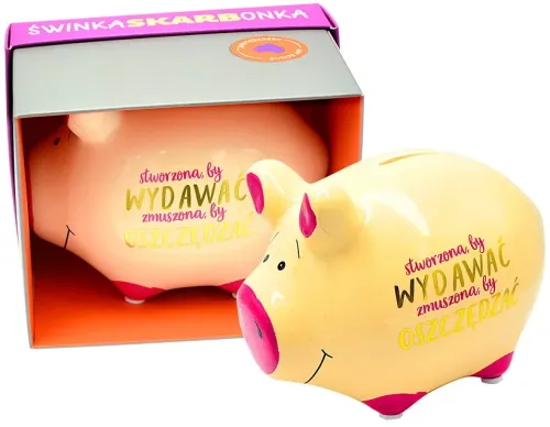 Skarbonka Świnka z napisem „STWORZONA BY WYDAWAĆ, ZMUSZONA BY OSZCZĘDZAĆ” na Arena.pl
