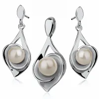 ELEGANCKI PODŁUŻNY RODOWANY WISZĄCY SREBRNY KOMPLET ŁEZKI KROPLE PERŁY