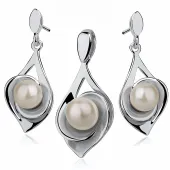 ELEGANCKI PODŁUŻNY RODOWANY WISZĄCY SREBRNY KOMPLET ŁEZKI KROPLE PERŁY