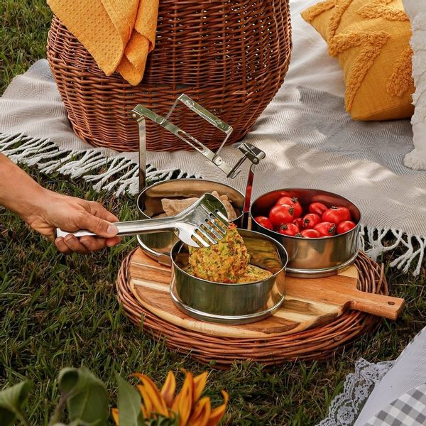 TURYSTYCZNA MENAŻKA OBIADOWA na biwak piknik STALOWY POJEMNIK NA 3 obiady zdjęcie 3