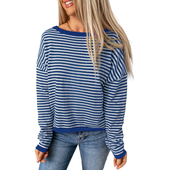 Bluzka damska w paski longsleeve bawełna biało-niebieska okrągły dekolt L