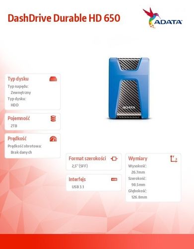 Adata DashDrive Durable HD650 2TB 2.5'' USB3.1 Niebieski na Arena.pl