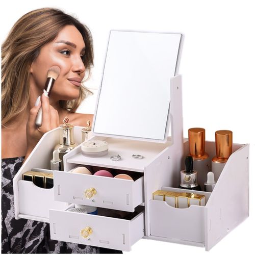 Toaletka Lara na kosmetyki biżuterię akcesoria, organizer z lustrem, biała na Arena.pl