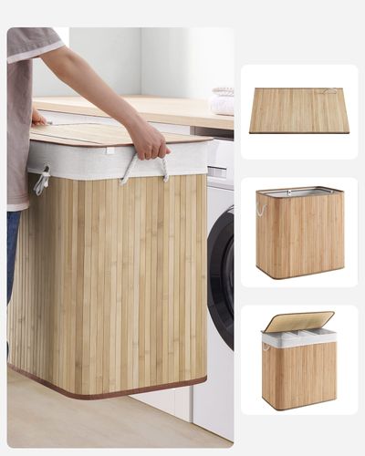 Kosz bambusowy na pranie naturalny 150 l trzykomorowy z pokrywą składany na Arena.pl