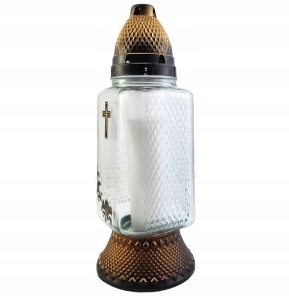 Szklany znicz krzyżem i lilią kwadratowy lampion z wkładem ZŁOTY 6szt. zdjęcie 3