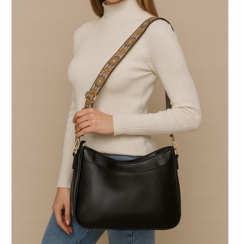 Torebka Damska Czarna Elegancka Pojemna na Ramię Pasek Brązowy na Arena.pl