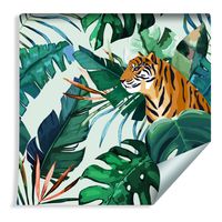 Tapeta do Salonu Tygrysy i Liście Tropikalne Zwierzęta Rośliny