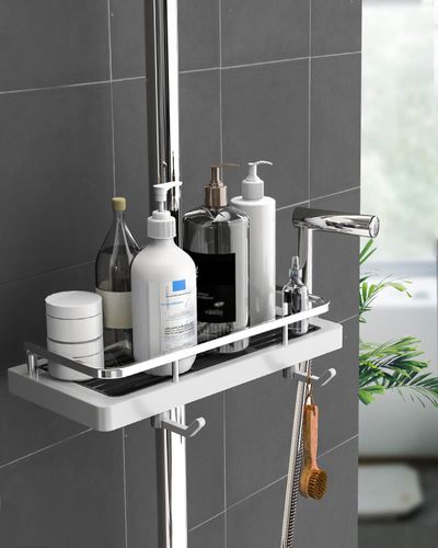 Półka Prysznicowa Bez Wiercenia na Drążek 27x11 cm Biała ABS z Haczykami na Arena.pl