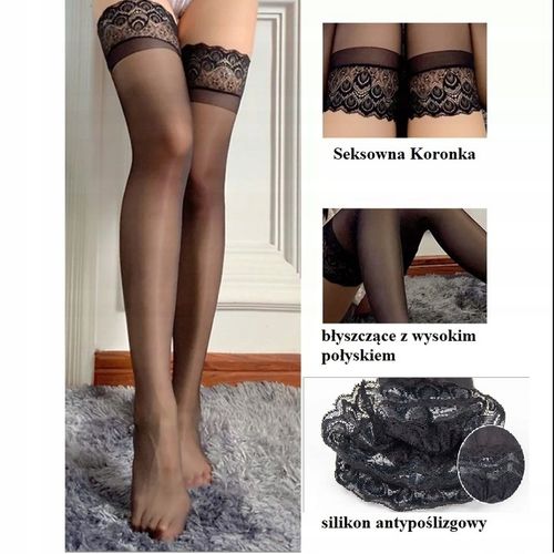 POŃCZOCHY SAMONOŚNE CZARNE KORONKA SEKSOWNE POŁYSK na Arena.pl