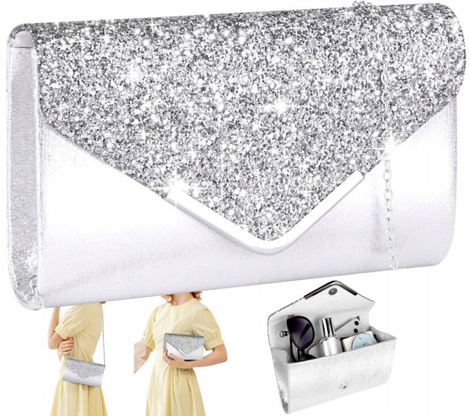 Srebrna Torebka Kopertówka Błyszcząca Wizytowa zdjęcie 1