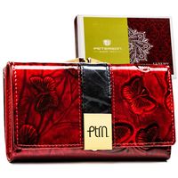 PETERSON portfel damski skórzany średni z motylami i biglem P250 czerwony