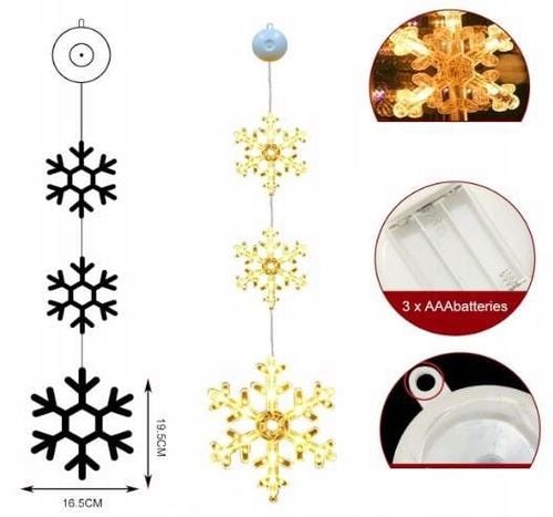Lampki świąteczne z przyssawkami na okno na Boże Narodzenie śnieżynki 3szt na Arena.pl