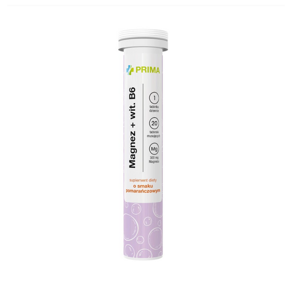 Magnez + Witamina B6 smak pomarańczowy 20 tabletek musujących PRIMA zdjęcie 1