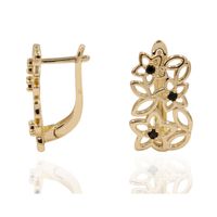 Kolczyki Ażurowe kwiatki z czarną cyrkonią miedź pozłacana 14K 2cm