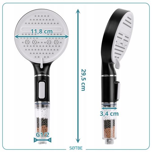 Słuchawka prysznicowa z jonizacją i filtrem Oszczędność Wody Czarna SOTBE na Arena.pl