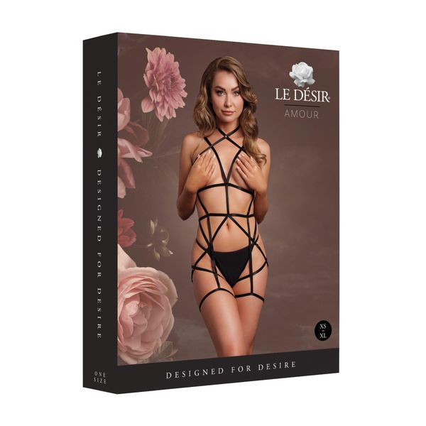 Strappy Open Cup Body Harness With Garters - One Size - Black zdjęcie 2