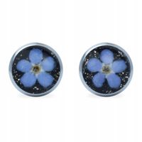 KOLCZYKI SZTYFTY OKRĄGŁE KWIAT NIEZAPOMINAJKI W ŻYWICY DEDYKACJA GRATIS