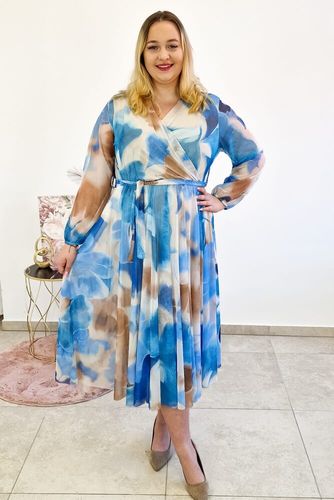 Kopertowa Sukienka Maxi z Długim Rękawem Niebiesko-Beżowo-Karmelowa UNI na Arena.pl