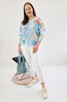 Sweter w Kwiaty z Okrągłym Dekoltem Niebieski UNI