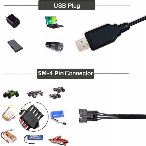 Kabel do ładowarki USB ze złączem wtykowym SM-4P do akumulatora LiPo 2S 7,4 na Arena.pl