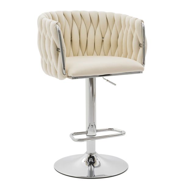 Hoker Z Plecionym Oparciem Welur ROSA Beżowy/Chrom Krzesło Do Wyspy zdjęcie 1