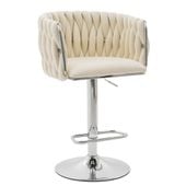 Hoker Z Plecionym Oparciem Welur ROSA Beżowy/Chrom Krzesło Do Wyspy