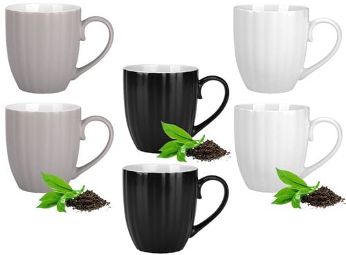 Komplet 6 kubków porcelanowych 380 ml biały czarny i beżowy mat wzór prążki na Arena.pl