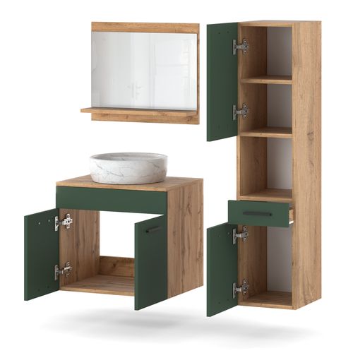 Zestaw Mebli Łazienkowych 90cm Szafka Z Umywalką I Lustro Dąb Wotan Zieleń na Arena.pl