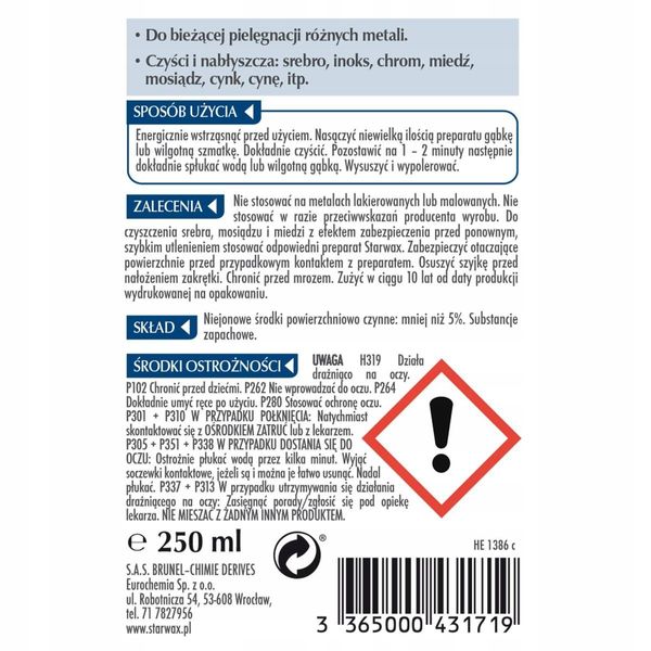 METALE CZYSZCZENIE I NABŁYSZCZANIE 250ML STARWAX zdjęcie 3