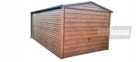GARAŻ BLASZANY 3m x 6m poziom - dwuspad - Brama uchylna - ciemny orzech rynny BOX81 3x6