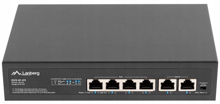 SWITCH LANBERG 4X 100MB POE+/2X RACK 60W 10' 19' zdjęcie 5
