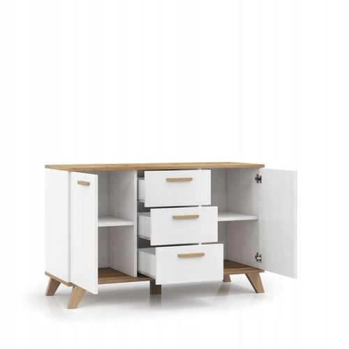 Komoda Szafka BIAŁY MAT Pojemna Dąb Wotan Szuflady Drzwi Salon 120cm na Arena.pl