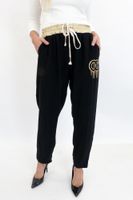 Czarne Luźne Lejące Spodnie Damskie Eleganckie ze Złotymi Elementami UNI