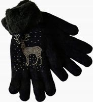 Rękawiczki Damskie Ciepłe Zimowe ocieplane futerkiem Cyrkonie CZARNE