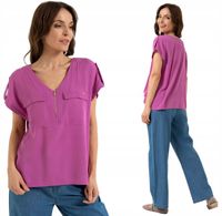 Damska Bluzka Wiskozowa Dekolt V Luźny Krój Zamek Kieszenie MORAJ RÓŻOWA XL
