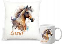 Zestaw PODUSZKA + KUBEK koń z koniem IDEALNY PREZENT + DOWOLNE IMIĘ tekst