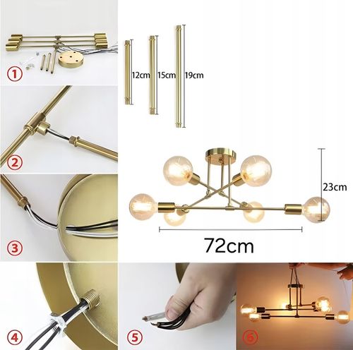 Złota Lampa Sufitowa Wisząca Na Sufit LED 6XE27 Zyrandol Kule na Arena.pl