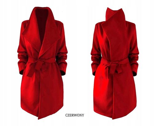 PŁASZCZ blogger KLASYCZNY klapy pasek CZERWONY na Arena.pl
